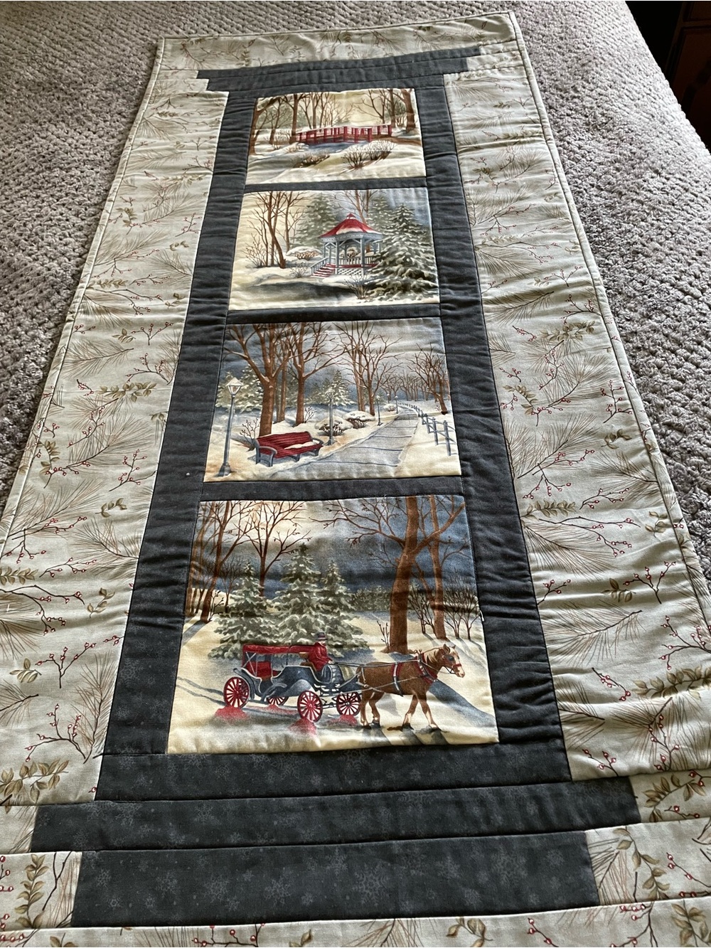 Handcrafted Winter Scene Table Runner - Gray and Cream